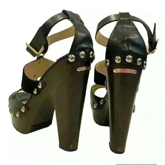 Jimmy Choo Ursula Wood leather suede platform sandal heels studded details - Picture 9 of 13